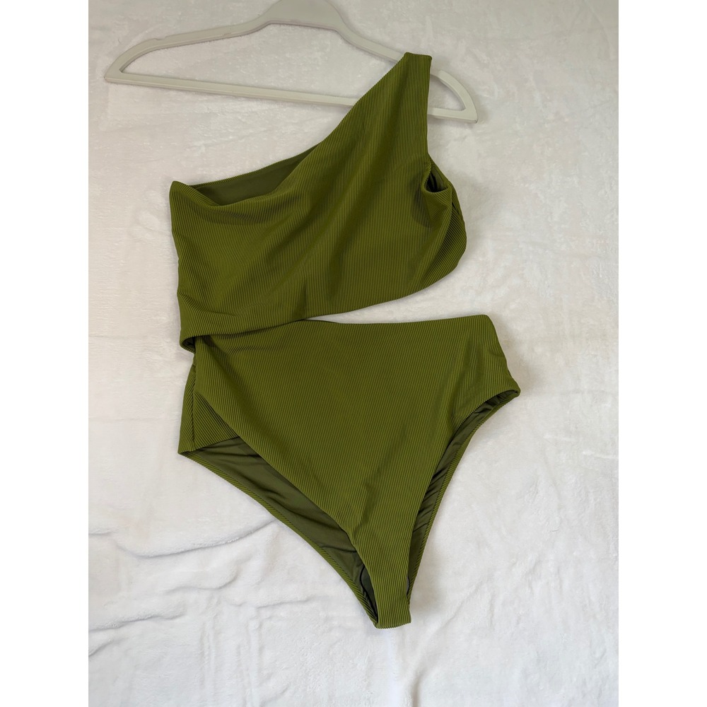 Beach Riot Calla One Piece Swimsuit L Moss Green Ribbed One Shoulder Cutout